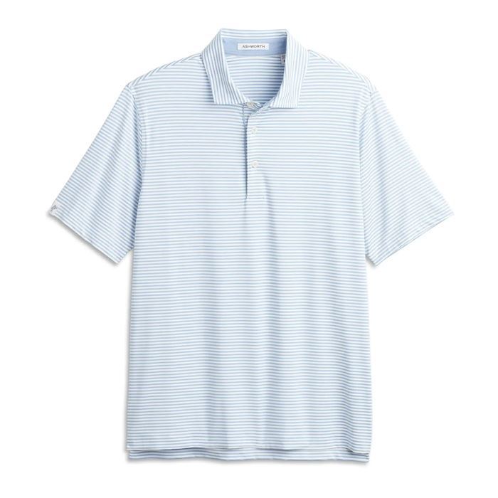 Ashworth Mens Golf Striped Tech Jersey Polo Shirt AM1011 White/Chambray