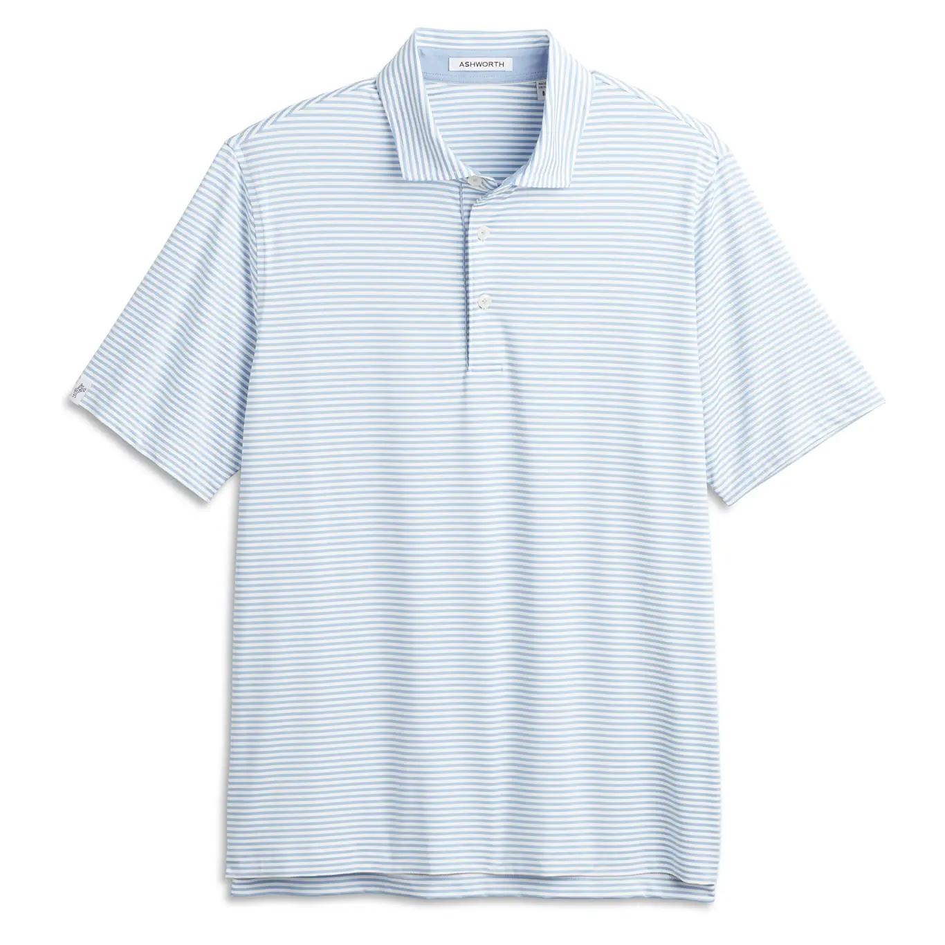 Ashworth Mens Golf Striped Tech Jersey Polo Shirt AM1011 White/Chambray