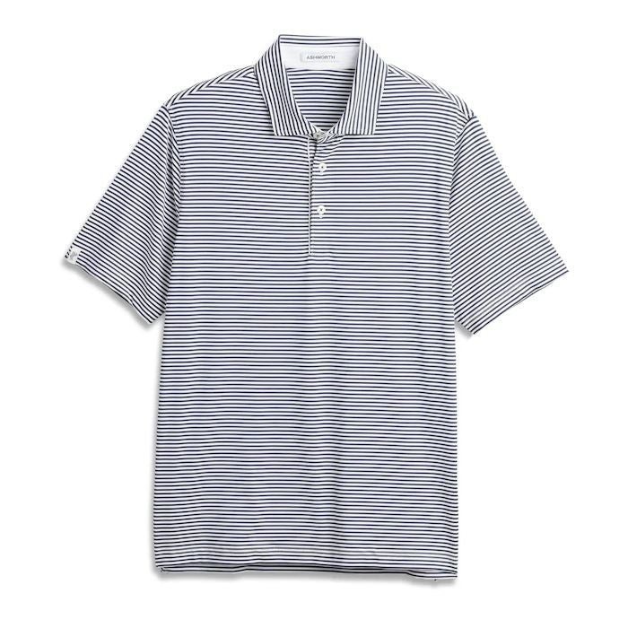 Ashworth Mens Golf Striped Tech Jersey Polo Shirt AM1011 White/Navy