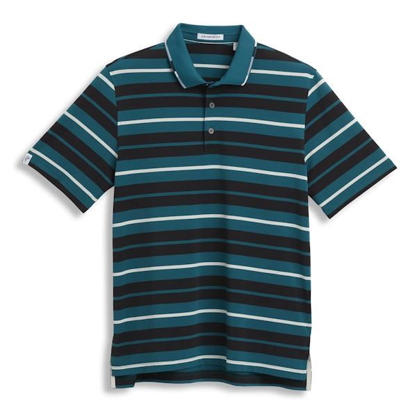Ashworth Mens Golf Rugby Stripe Polo Shirt AM1064 Laguna/Black/Bone
