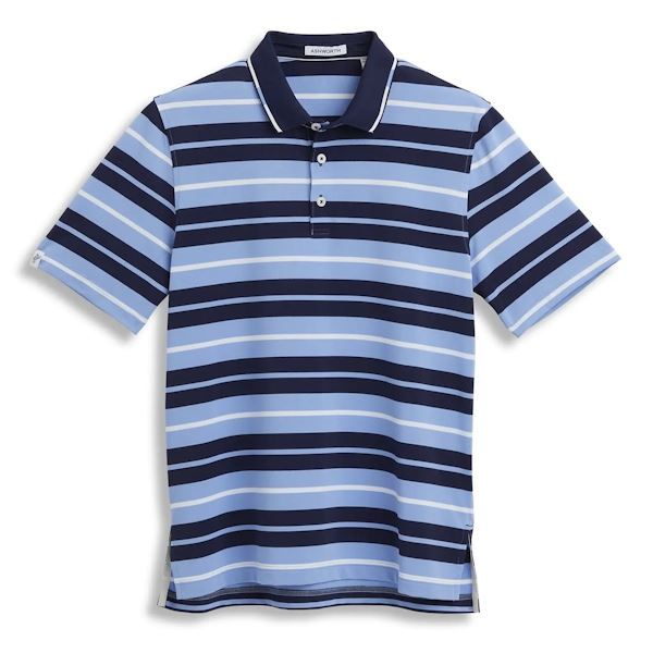 Ashworth Mens Golf Rugby Stripe Polo Shirt AM1064 Navy/Chambray/White