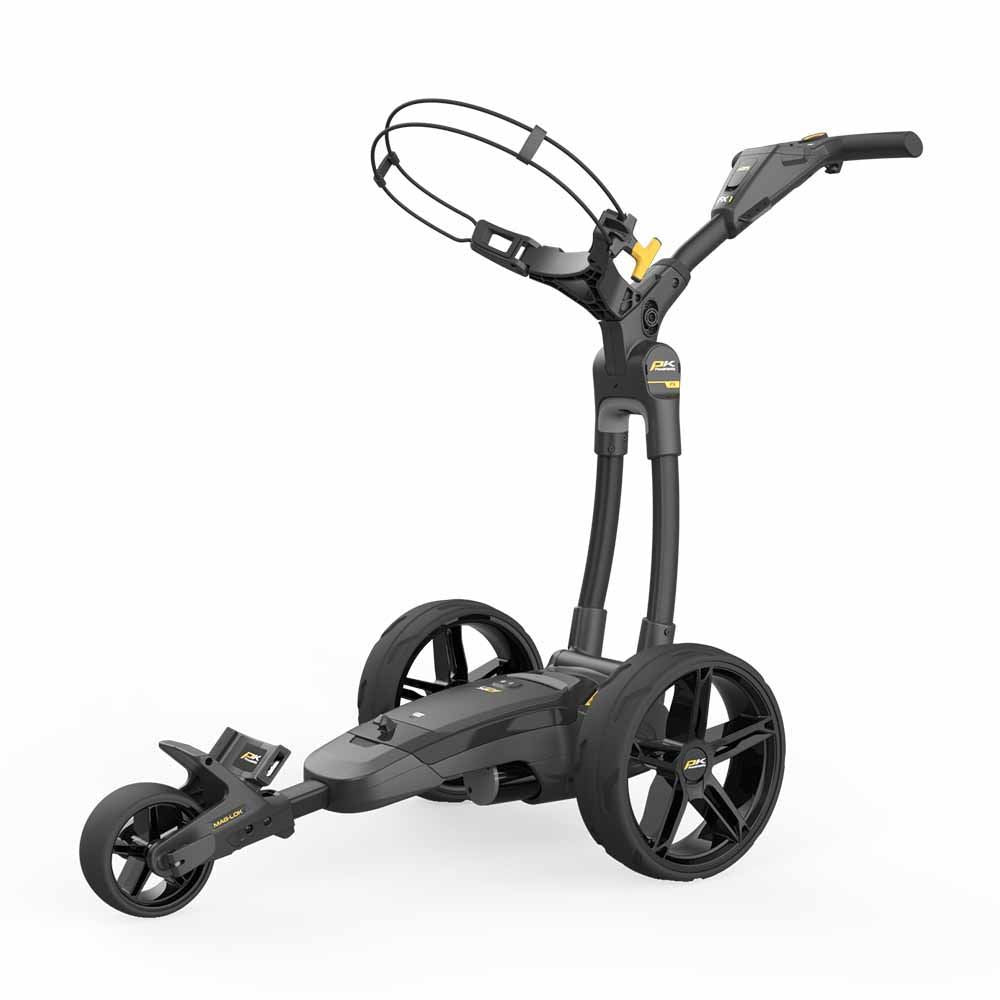 PowaKaddy FX1 electric trolley 2025 in black with extended lithium battery