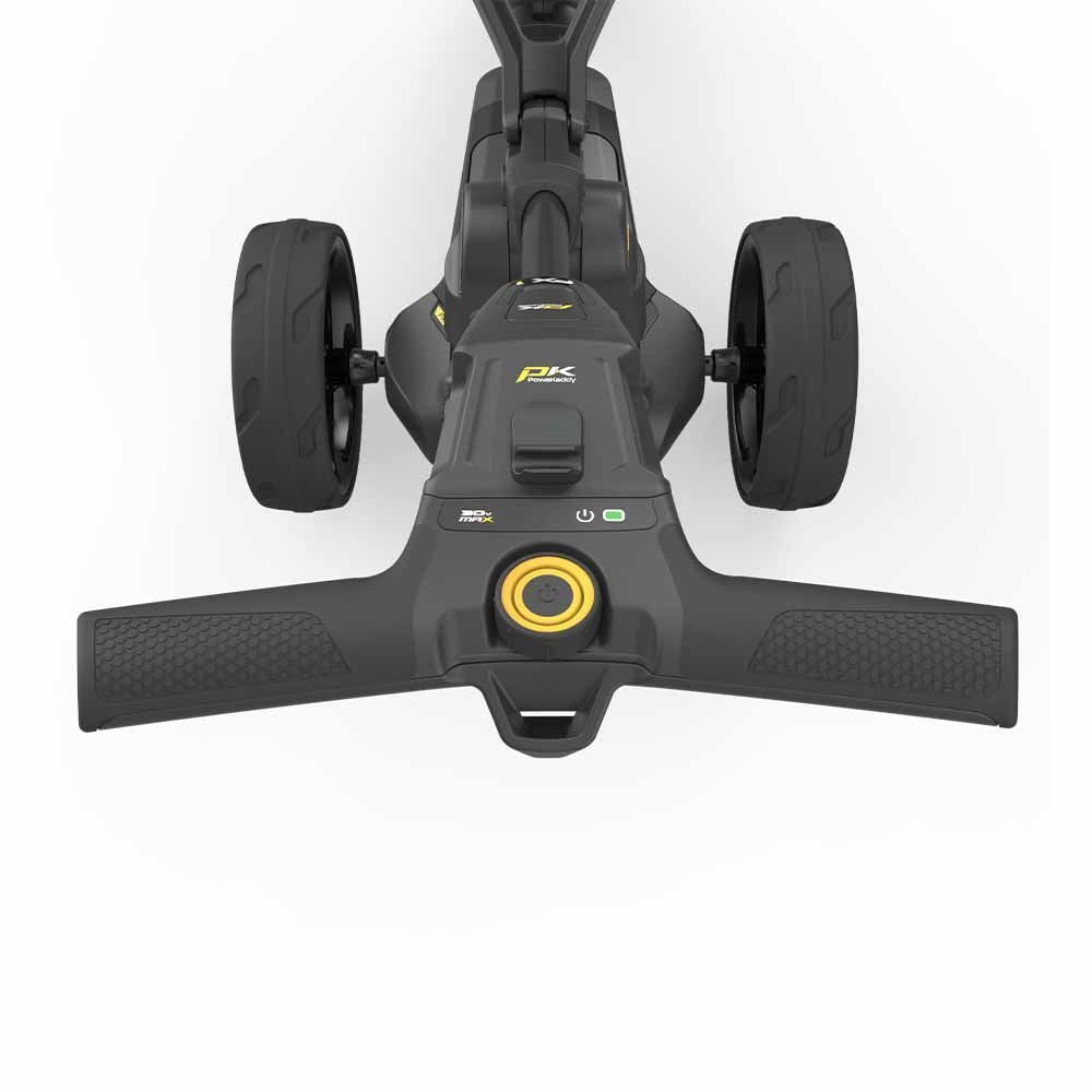 PowaKaddy FX1 electric trolley 2025 in black with extended lithium battery