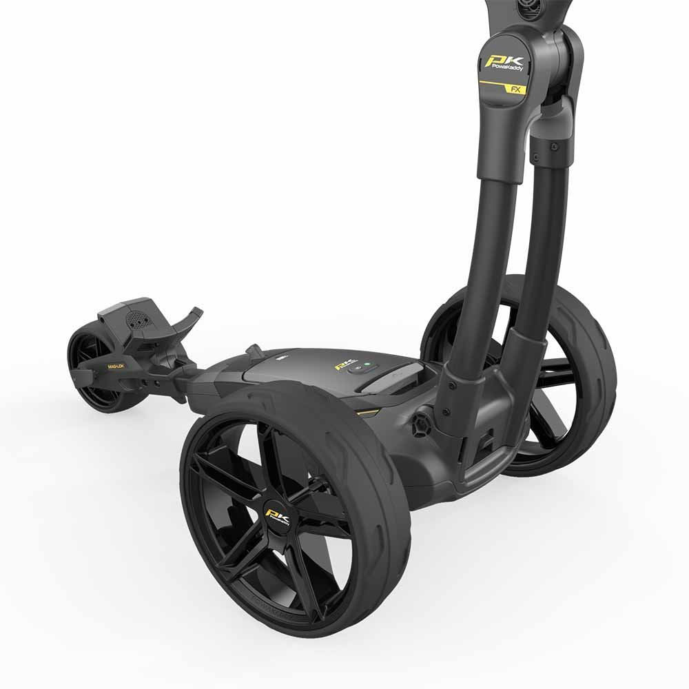 PowaKaddy FX1 electric trolley 2025 in black with extended lithium battery