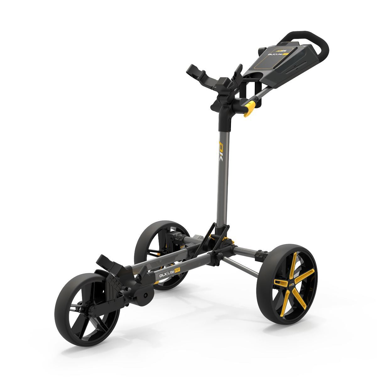 PowaKaddy DLX-Lite FF flat-fold golf push trolley in gunmetal with yellow trim