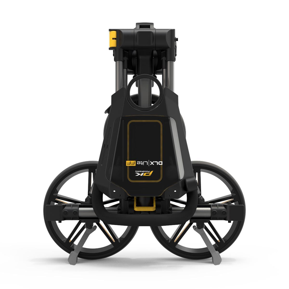 PowaKaddy DLX-Lite FF flat-fold golf push trolley in gunmetal with yellow trim
