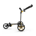 PowaKaddy DLX-Lite FF flat-fold golf push trolley in gunmetal with yellow trim