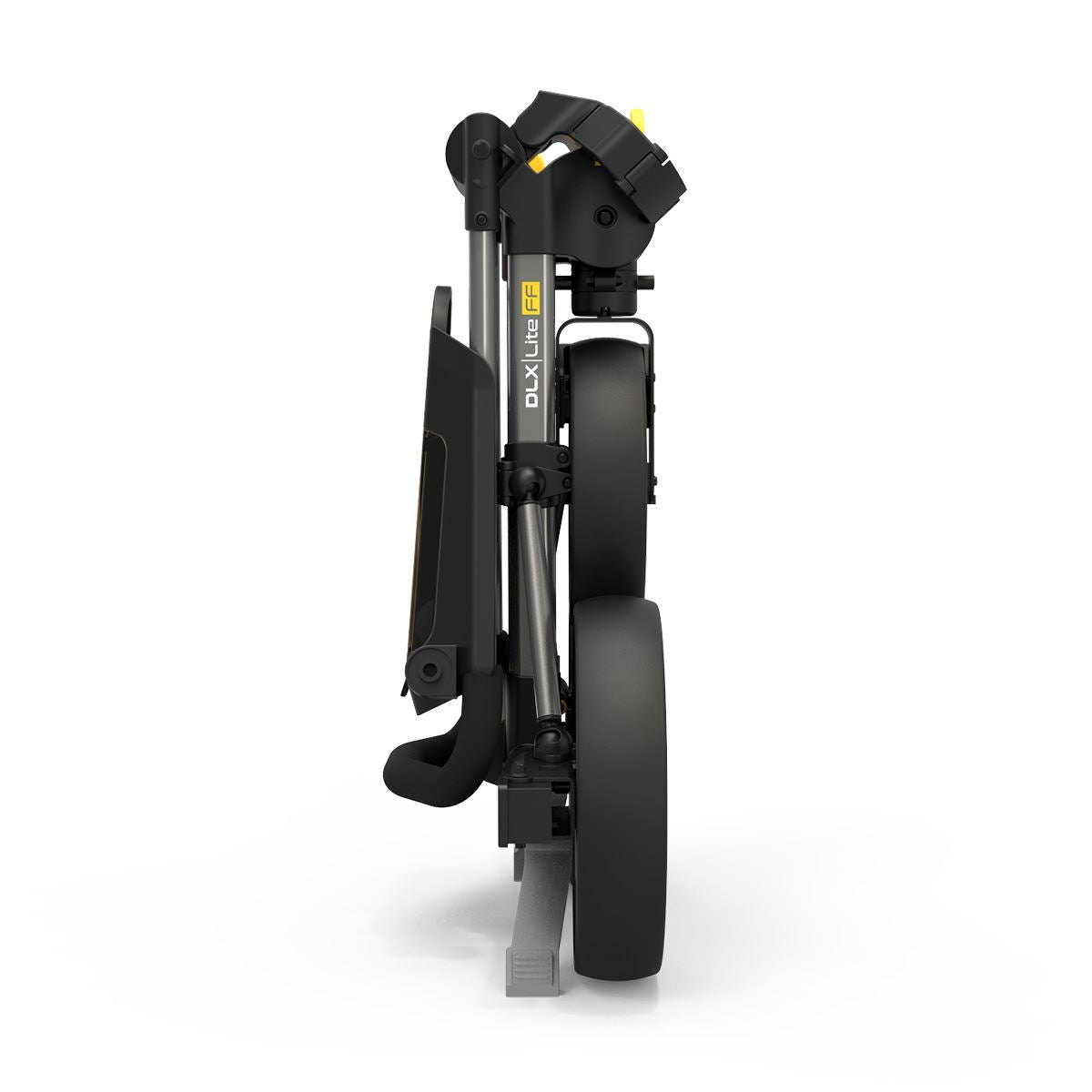 PowaKaddy DLX-Lite FF flat-fold golf push trolley in gunmetal with yellow trim