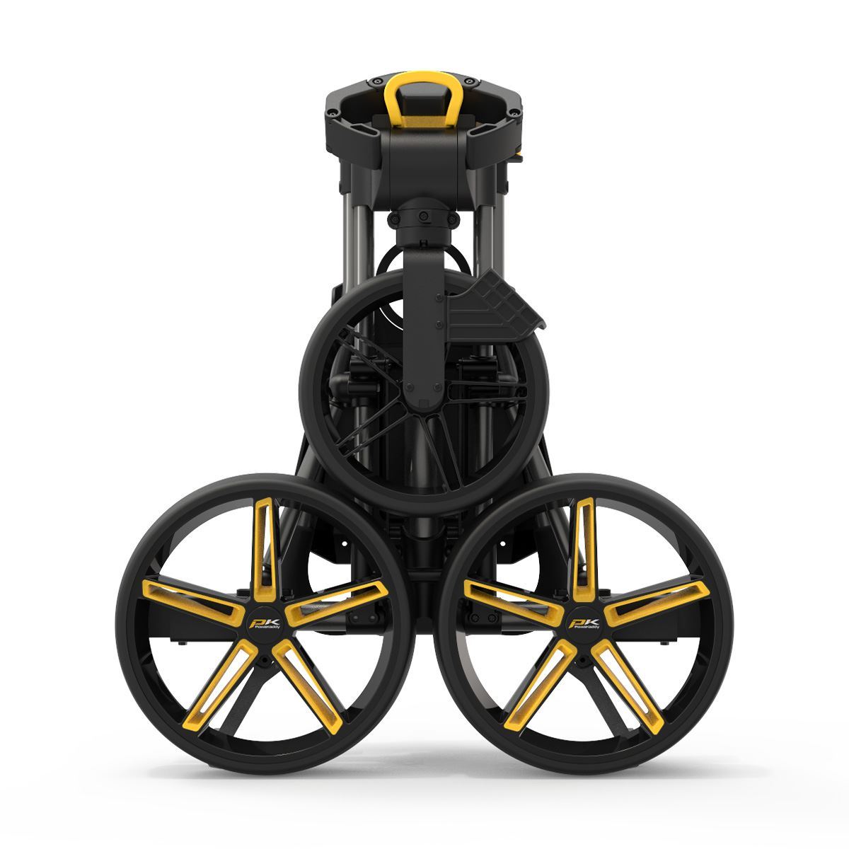 PowaKaddy DLX-Lite FF flat-fold golf push trolley in gunmetal with yellow trim
