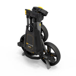 PowaKaddy DLX-Lite FF flat-fold golf push trolley in gunmetal with yellow trim
