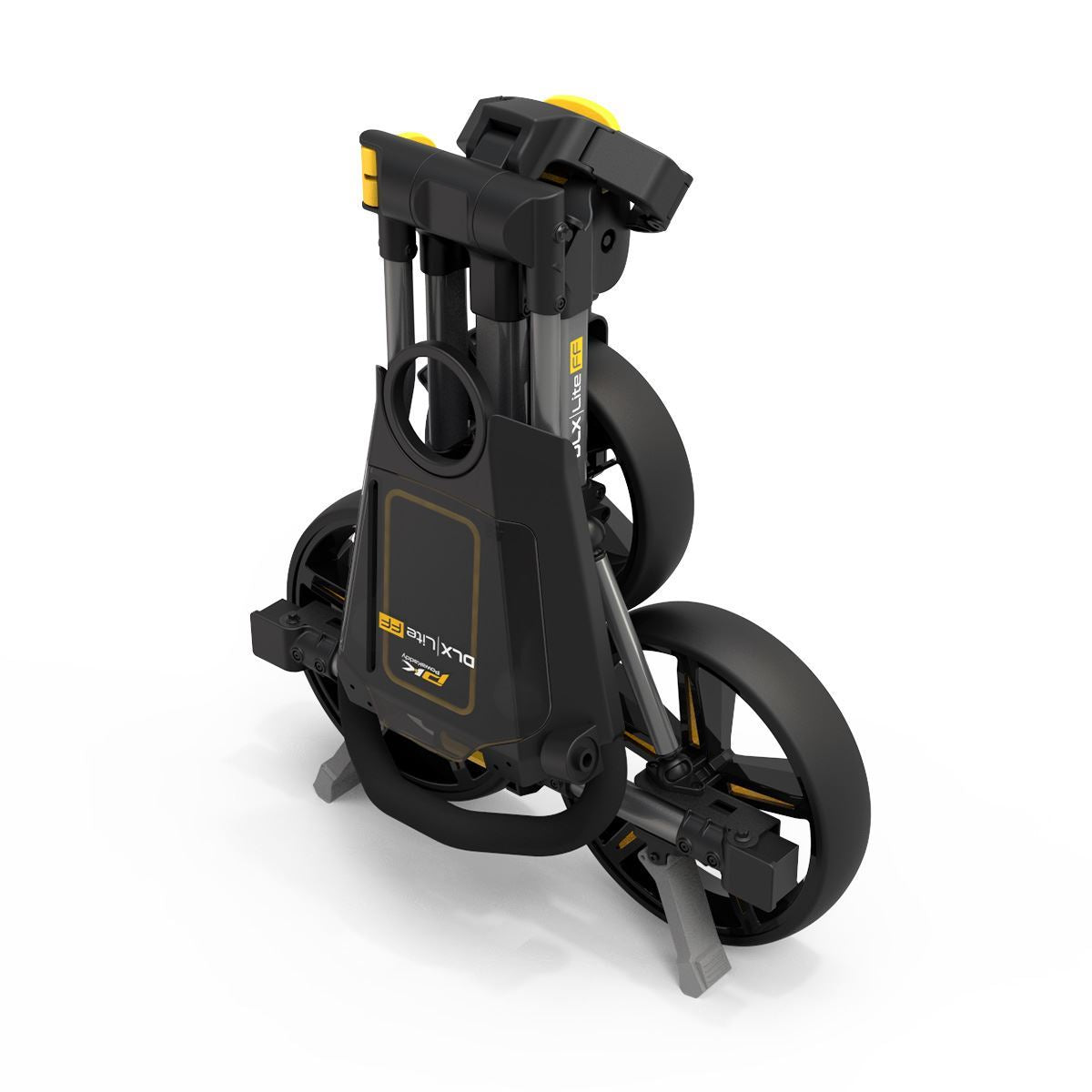 PowaKaddy DLX-Lite FF flat-fold golf push trolley in gunmetal with yellow trim