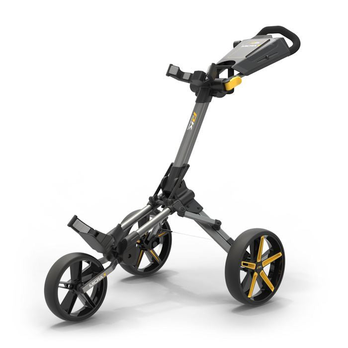 PowaKaddy Micra golf push trolley in gunmetal with yellow trim