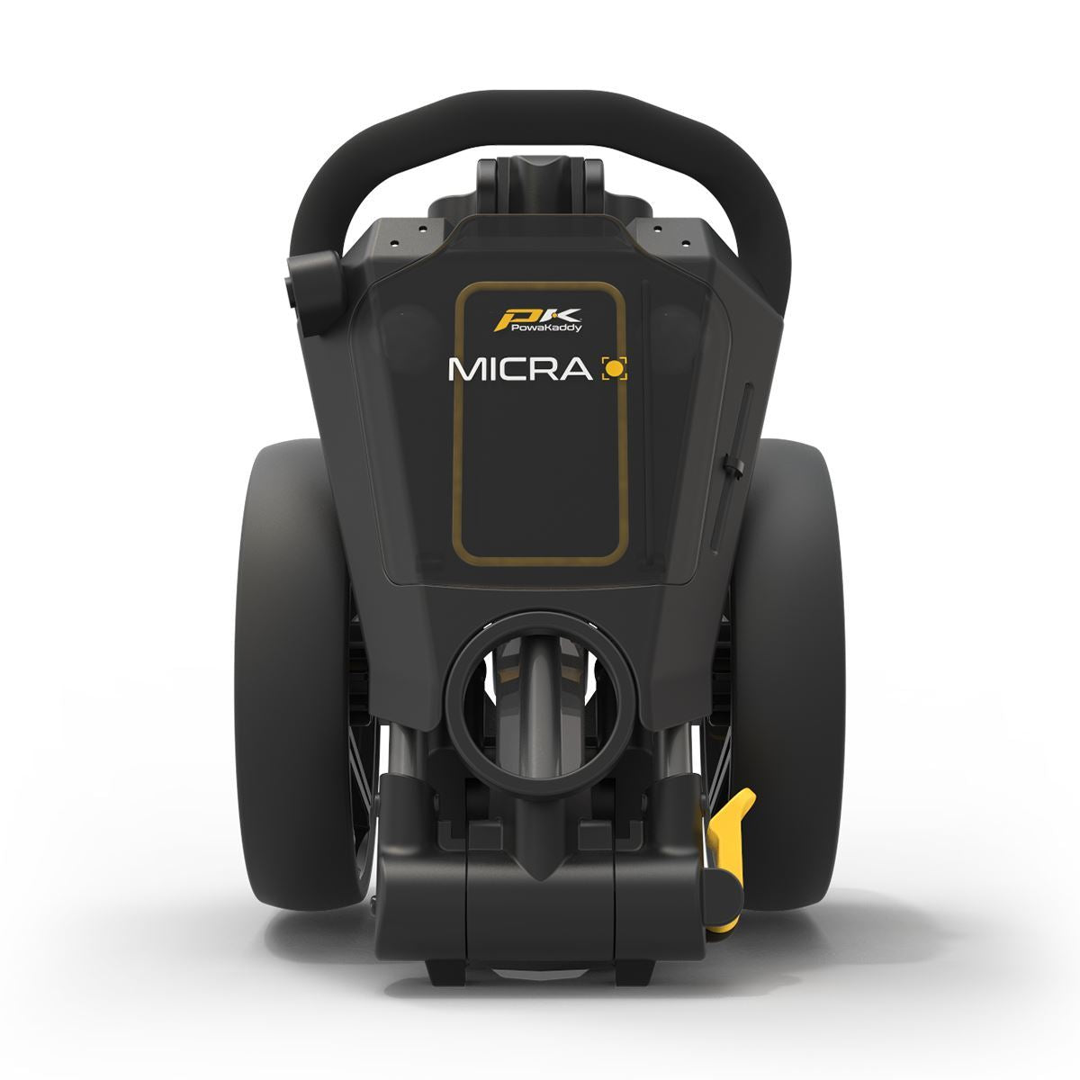 PowaKaddy Micra golf push trolley in gunmetal with yellow trim