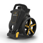 PowaKaddy Micra golf push trolley in gunmetal with yellow trim