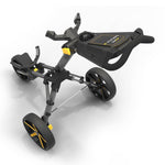 PowaKaddy Micra golf push trolley in gunmetal with yellow trim