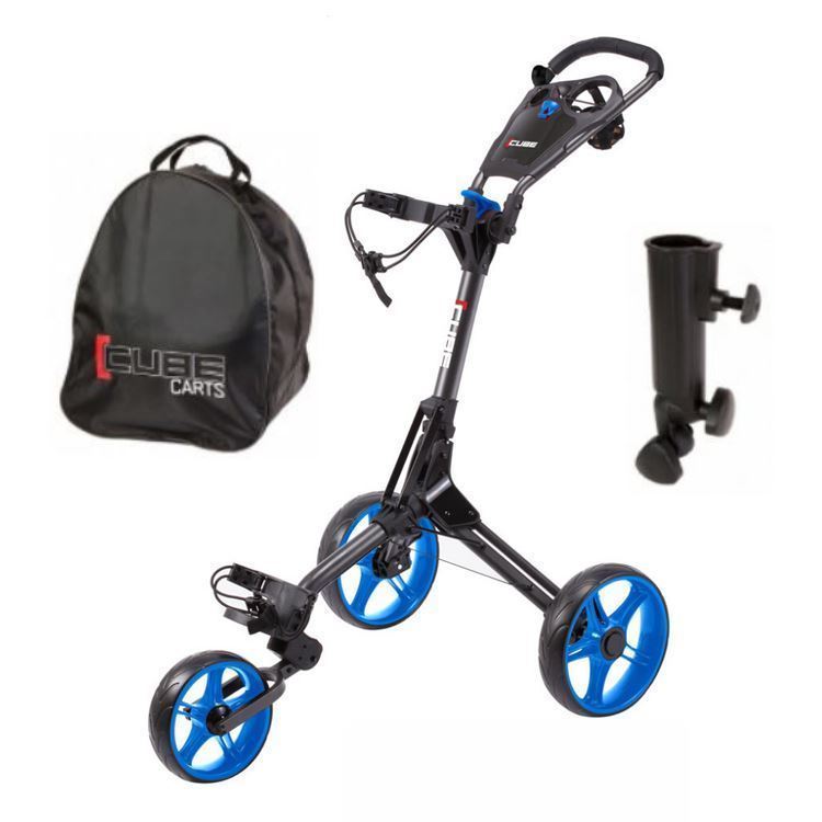 Sky Max Cube 3-wheel golf push trolley in charcoal and blue