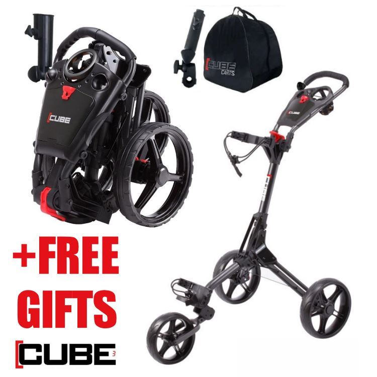 Sky Max Cube 3-wheel golf push trolley in charcoal and black