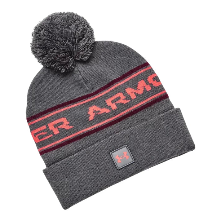 Under Armour Mens Halftime Pom Beanie Pitch Gray/Dark Maroon/Venom Red