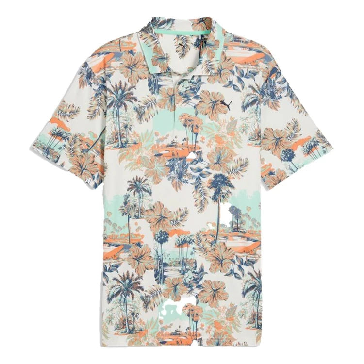 Puma Mens Cloudspun Palm Polo Shirt White/Mint Jelly/Melon Glow