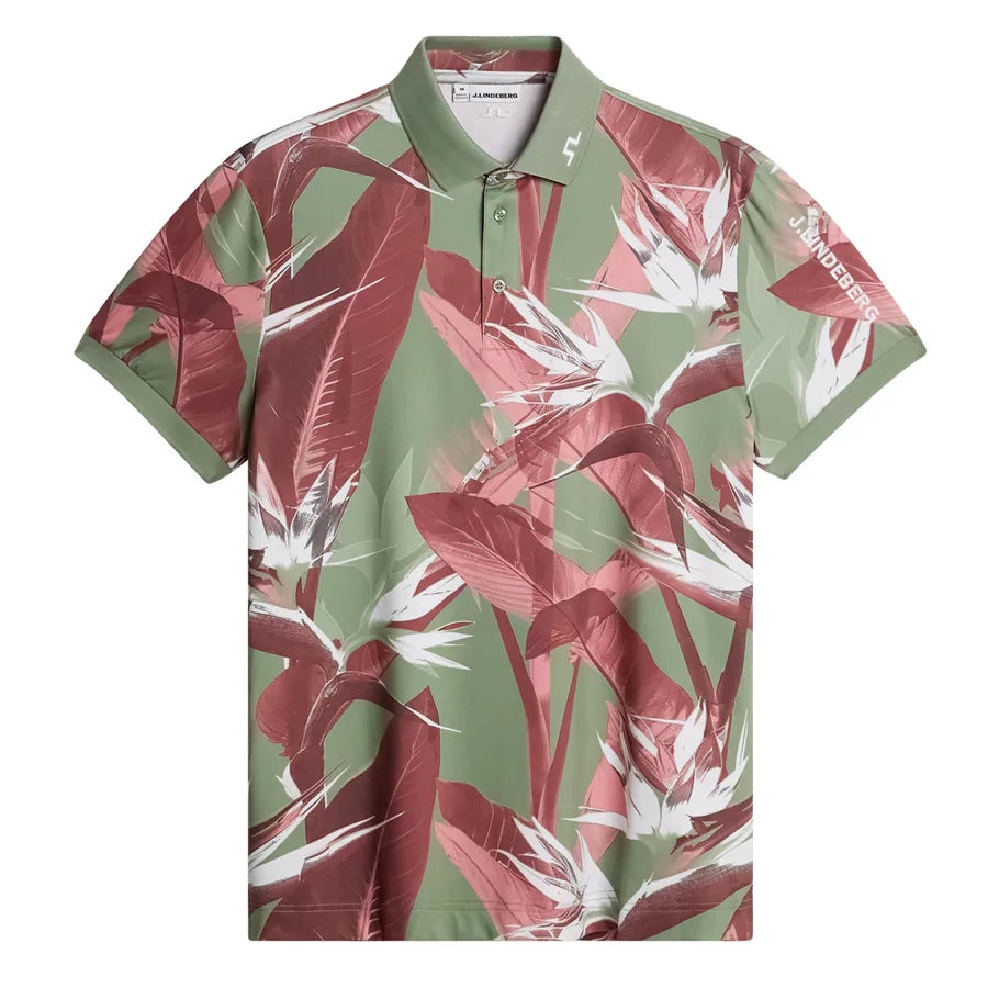 L.Lindeberg Mens Tour Tech Print Polo Paradise Hedge Green