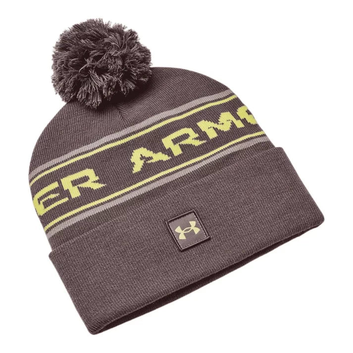 Under Armour Mens Halftime Pom Beanie Ash Taupe/Lime Yellow