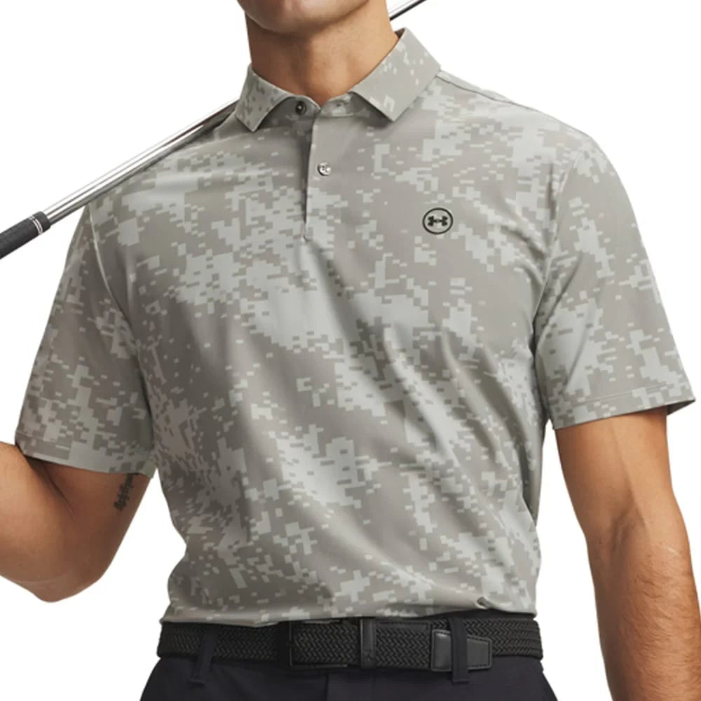 Under Armour Mens Drive Chill Printed Polo Shirt Titanium/Clay Green/Black
