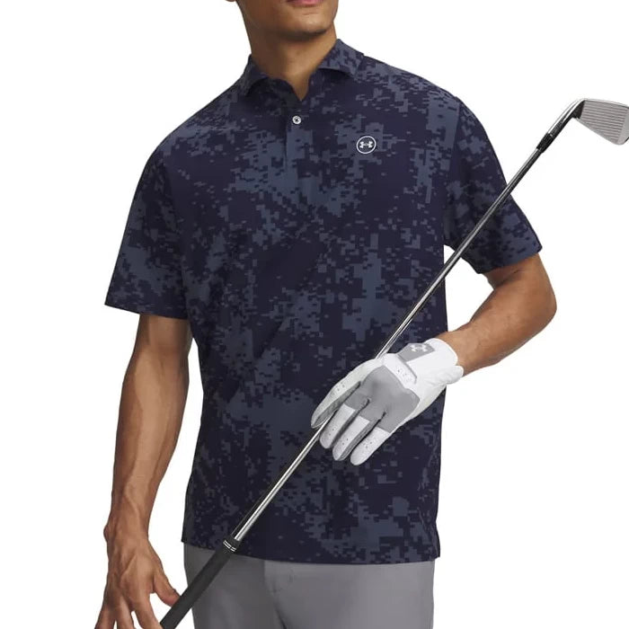 Under Armour Mens Drive Chill Printed Polo Shirt Midnight Navy/Halo Gray