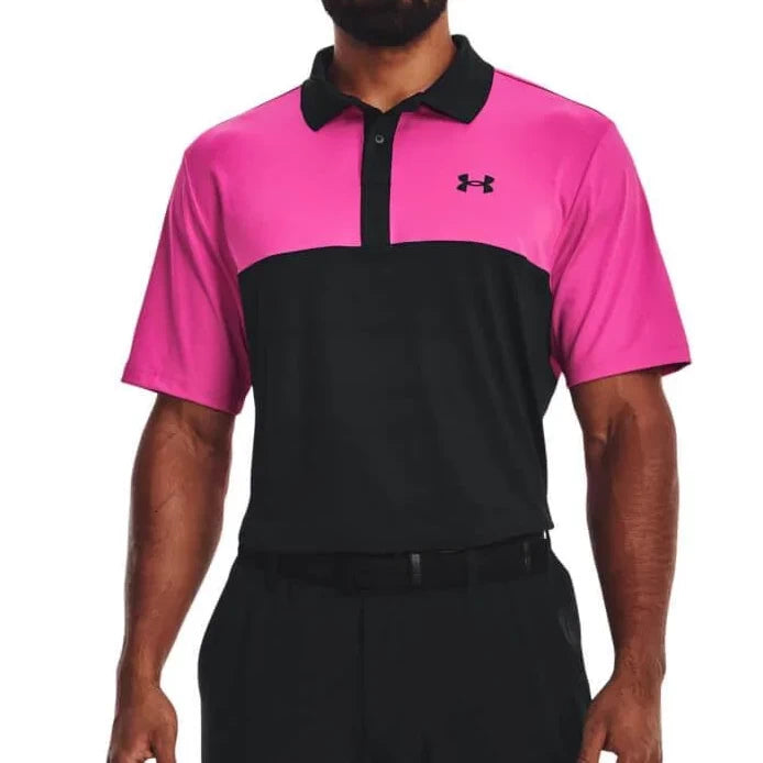 Under Armour Mens Perf 3.0 Color Block Polo Shirt Pink/Black