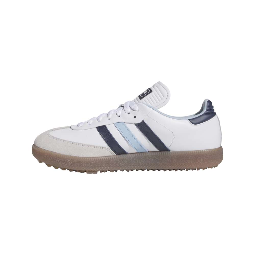 adidas Mens Samba Spikeless Golf Shoes - White/Night Indigo/Clear Sky - Tony Valentine - Golf Shoes