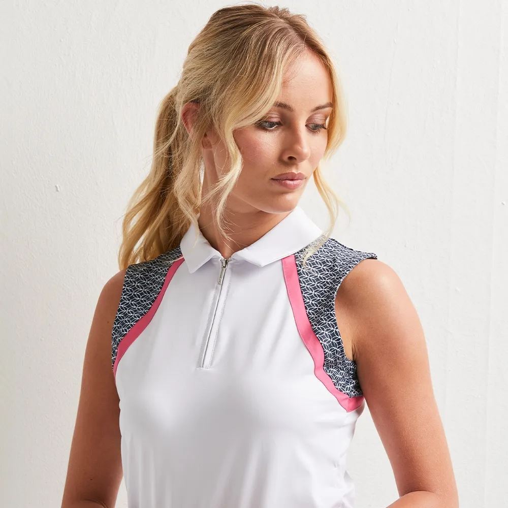 Ping Ladies Ansie Sleeveless Zip Neck Polo Shirt - White Multi